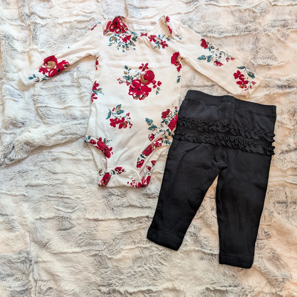 Carter's Floral Long Sleeve Bodysuit with Black Ruffle Leggings 6 Months Baby